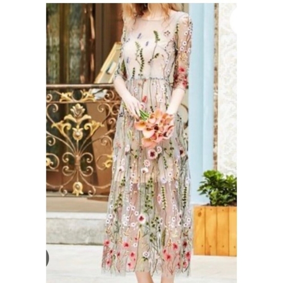 Misslook Mesh Sheer Floral Embroidered Dress Boho Cottagecore Midi 3/4 Sleeve 12 - Picture 14 of 16